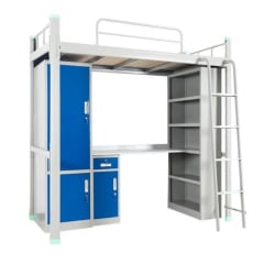 Cama Alta una Plaza 90x200 cm. con Escritorio y Muebles Acero Blanco