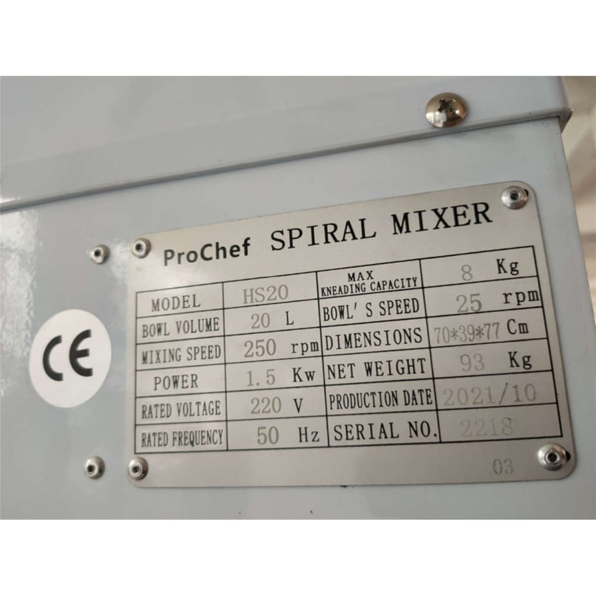 Amasadora industrial 20 LT, 8 KG, 1 velocidad5