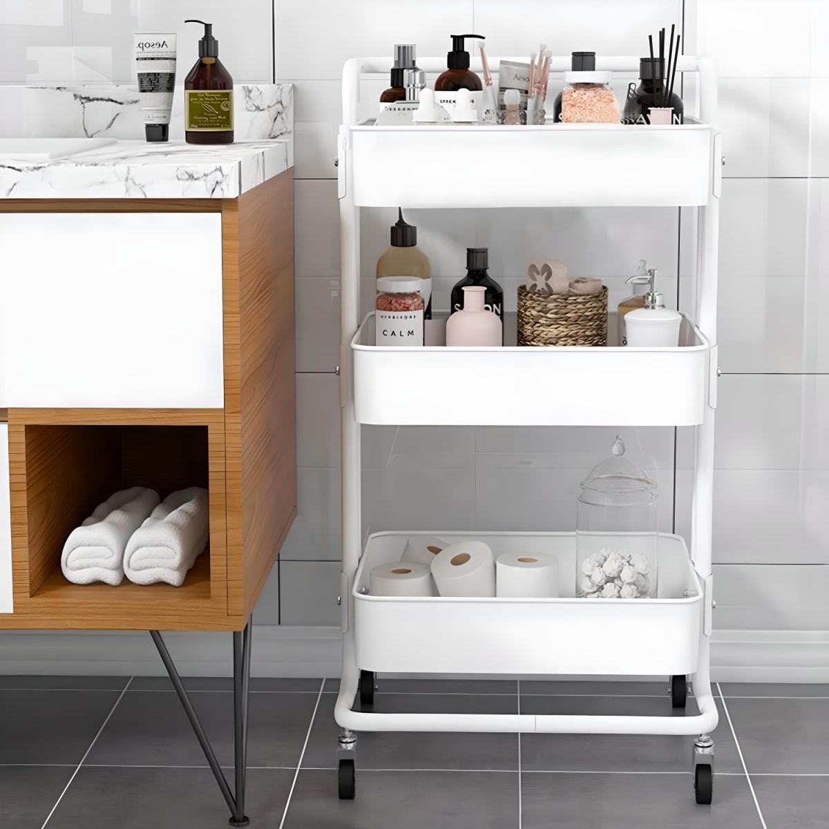 Carro Multiuso Organizador 3 Niveles 100% Acero Blanco10