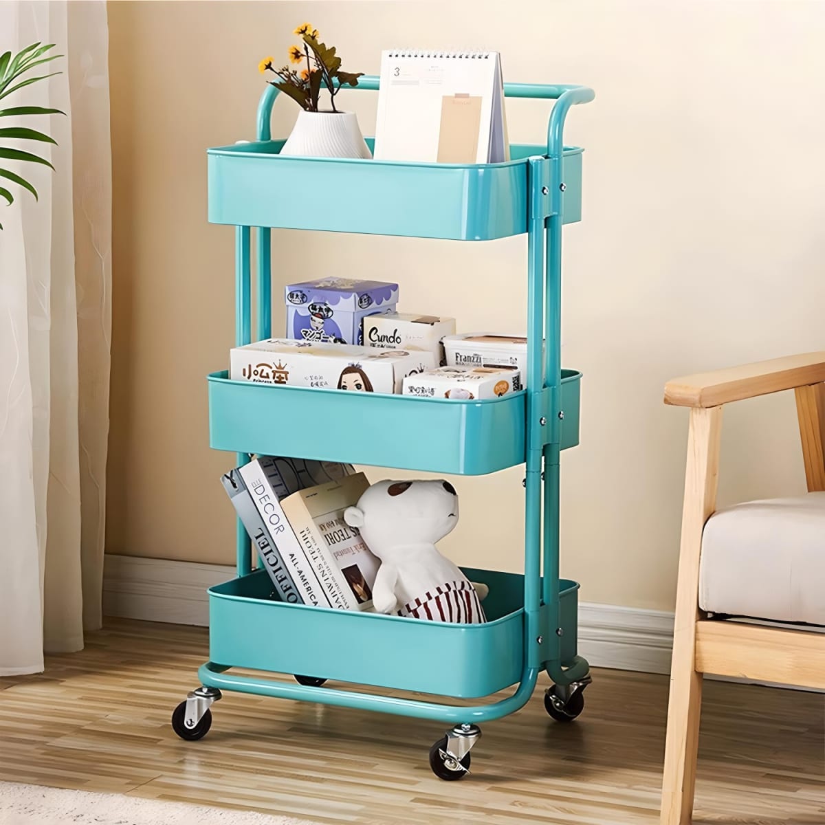 Carro Organizador Multiuso 3 Niveles 100% Acero Turquesa6