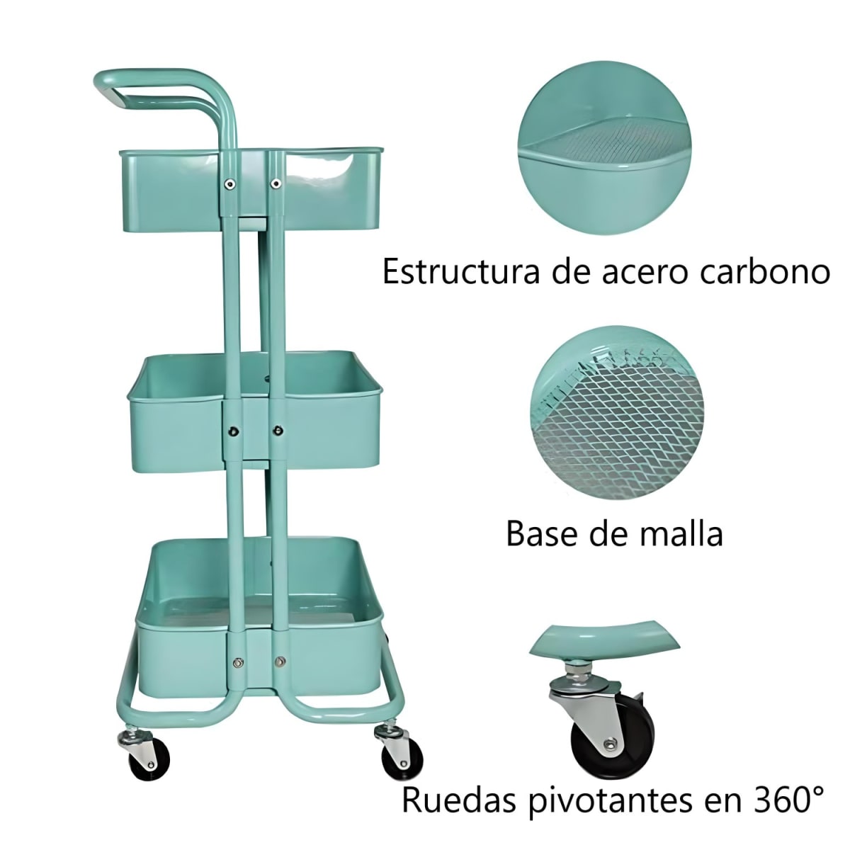 Carro Organizador Multiuso 3 Niveles 100% Acero Turquesa10