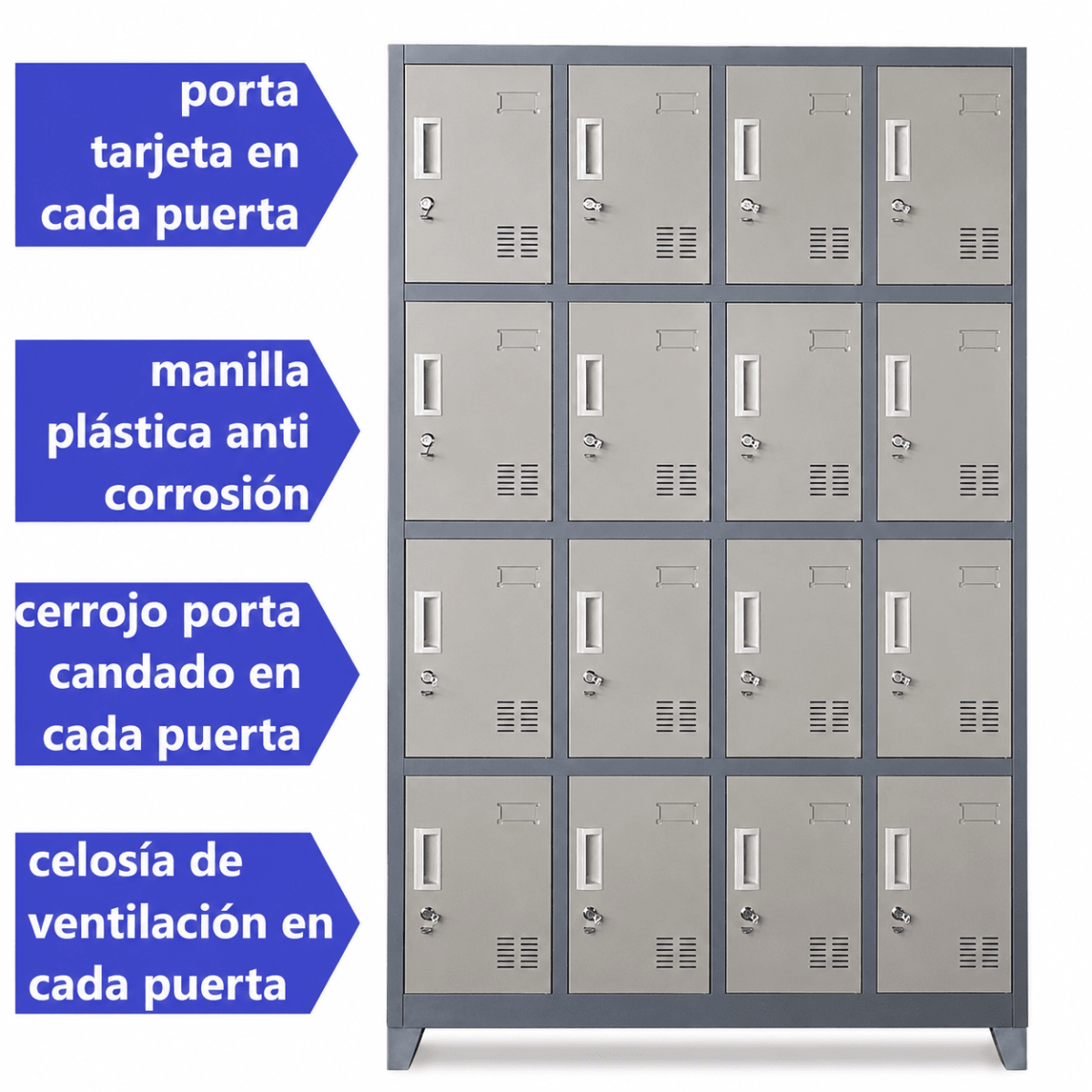 Locker Casillero Metálico 4 cuerpos 16 puertas con patas3