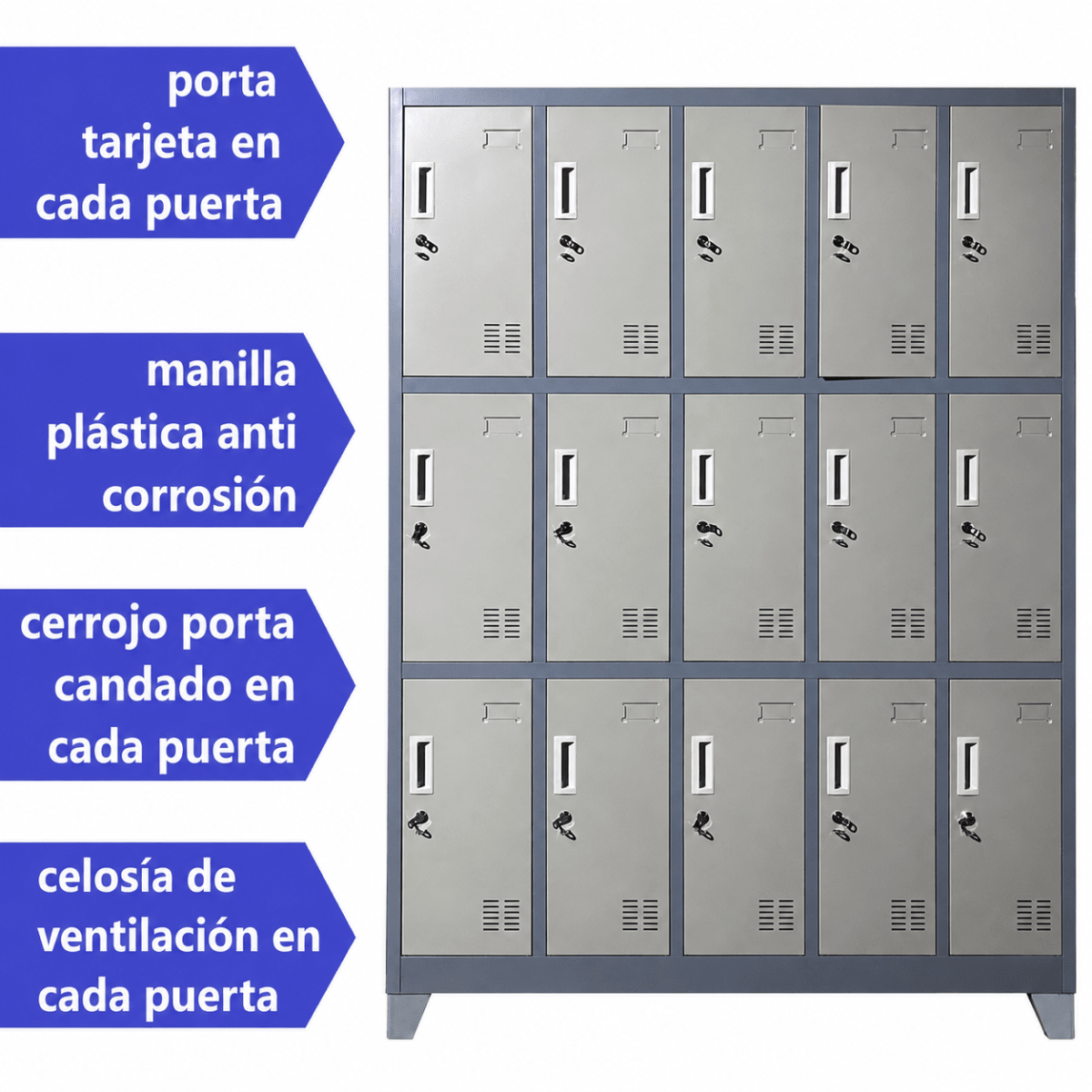 Locker casillero metálico 5 cuerpos 15 puertas con patas.3