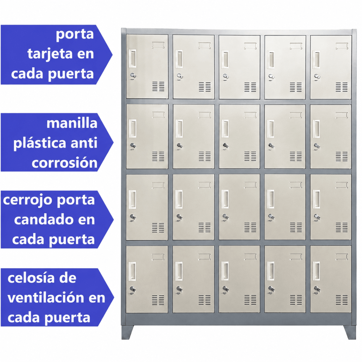 Locker casillero metálico 5 cuerpos 20 puertas con patas3