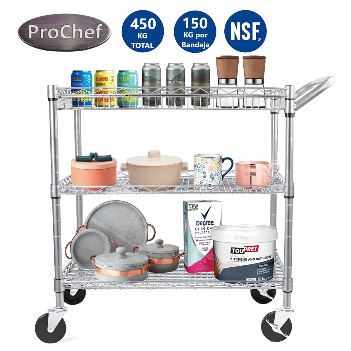 Carro Multiuso 90x45x100 cm. Acero Cromado 3 Niveles CJ-A15233