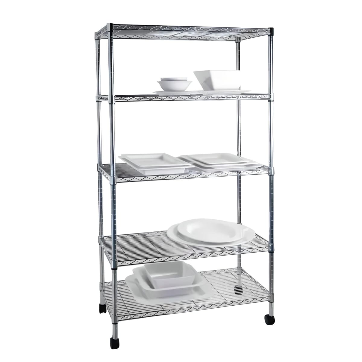 Estante Acero Cromado 5 bandejas 75x35x150 cm. Ruedas. Cap. 400 kg.4