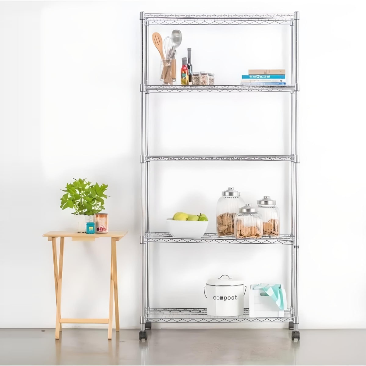 Estante Acero Cromado 5 bandejas 75x35x150 cm. Ruedas. Cap. 400 kg.3