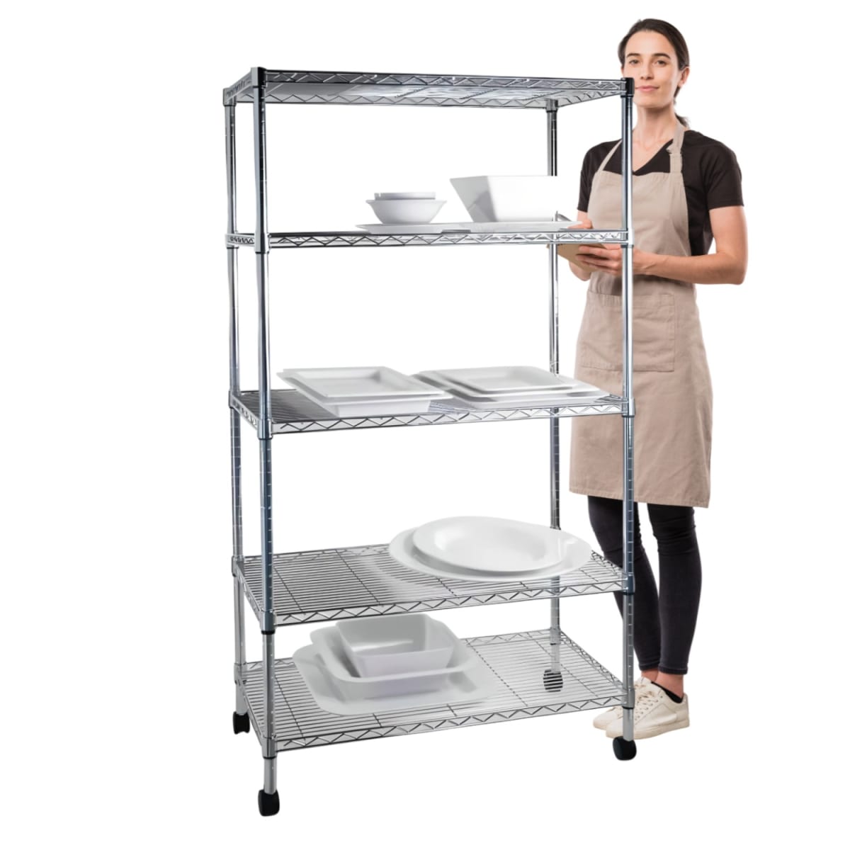 Estante Acero Cromado 5 bandejas 75x35x150 cm. Ruedas. Cap. 400 kg.1