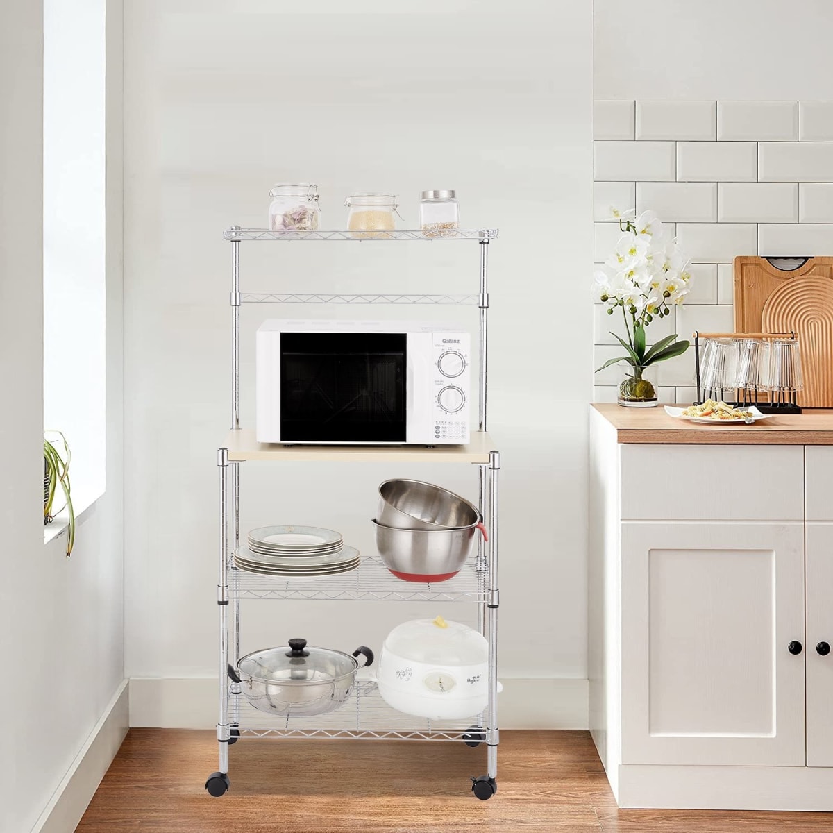 Mesa con Repisas 60x35x124 cm. Con Ruedas. Acero Cromado Cubierta MDF6