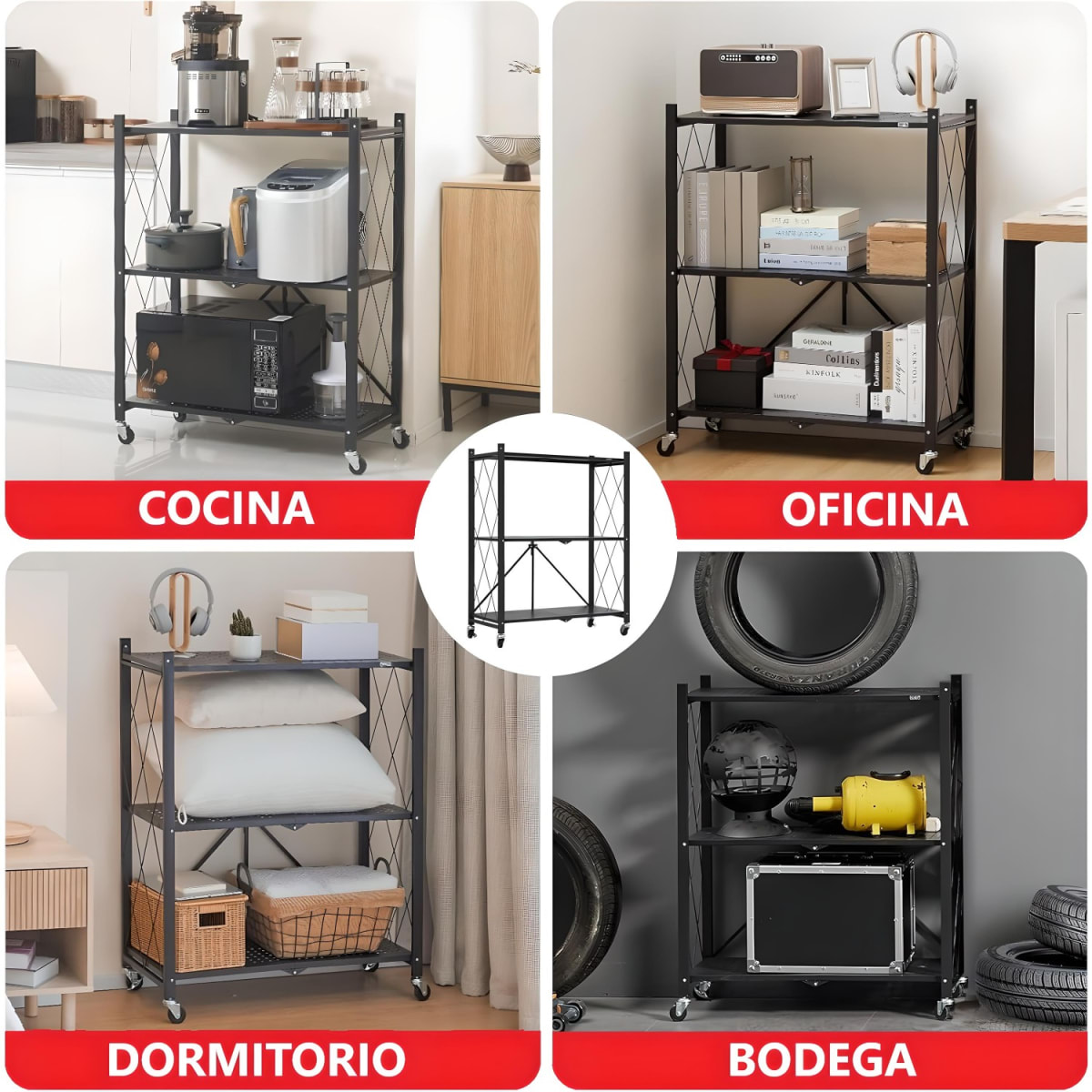 Estante Plegable de Acero con Ruedas. 3 bandejas5