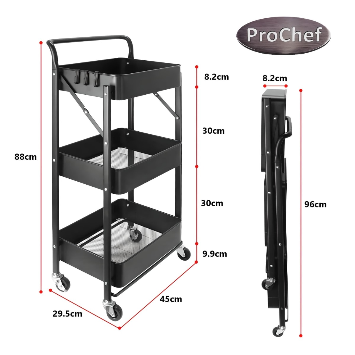 Carro Multiuso Plegable de Acero Negro 45x30x88 cm.6