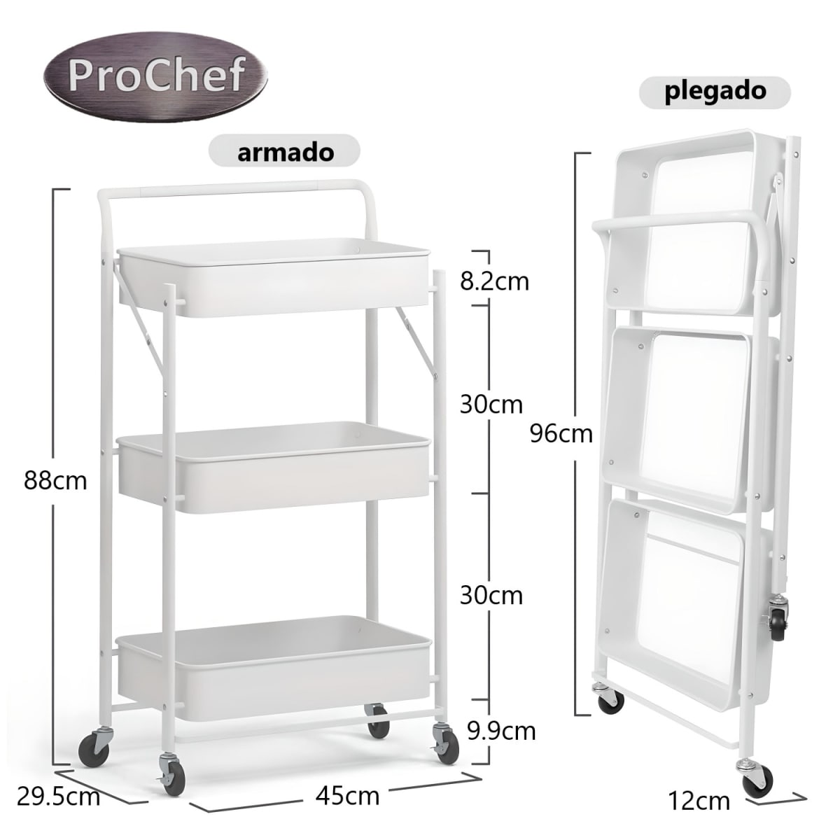 Carro Multiuso Plegable de Acero Blanco 45x30x88 cm.6