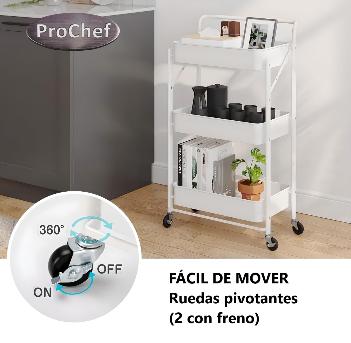 Carro Multiuso Plegable de Acero Blanco 45x30x88 cm.5