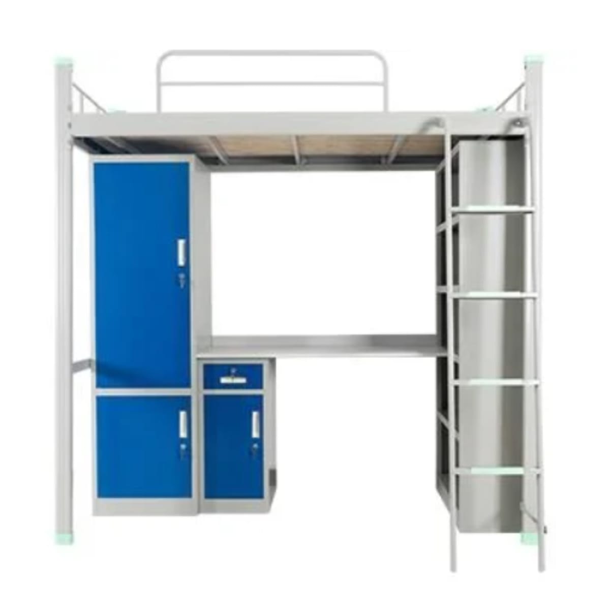 Cama Alta una Plaza 90x200 cm. con Escritorio y Muebles Acero Blanco3