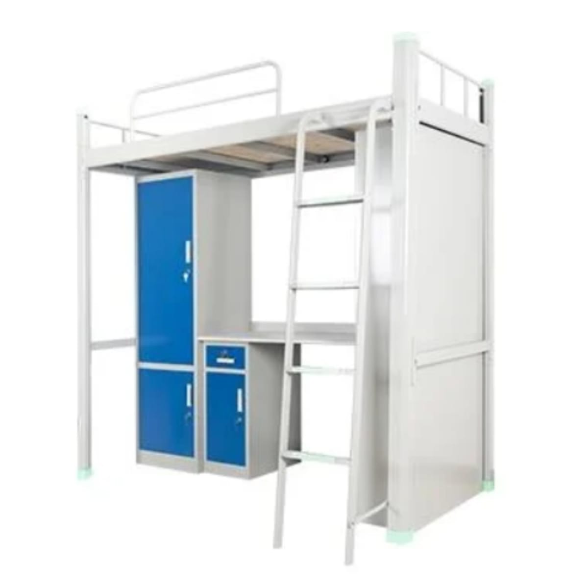 Cama Alta una Plaza 90x200 cm. con Escritorio y Muebles Acero Blanco2