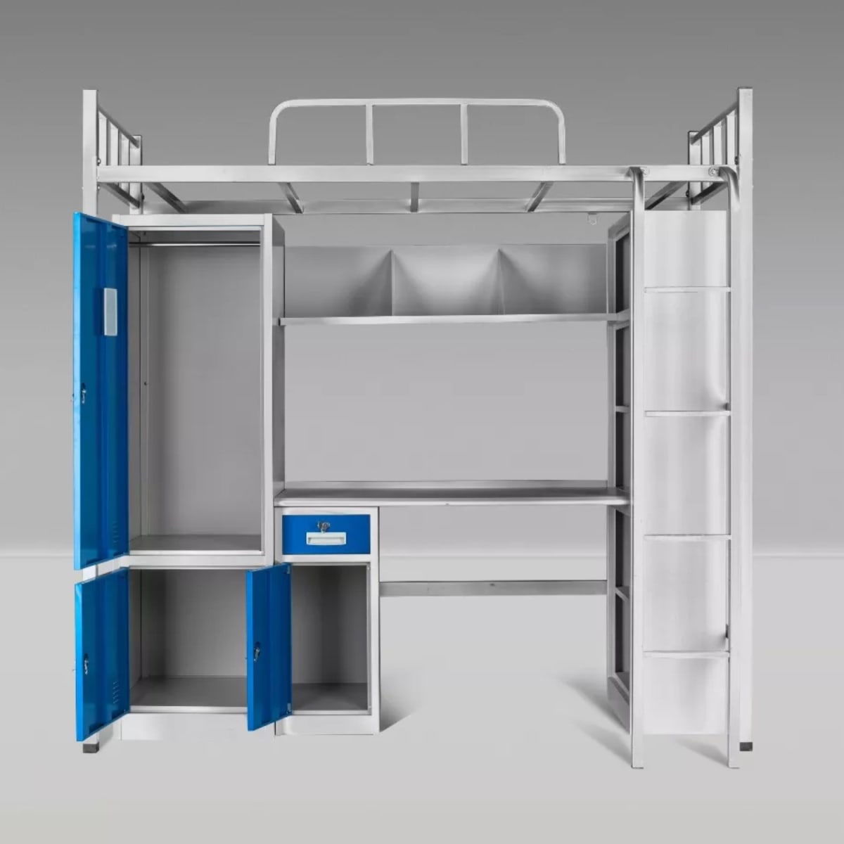 Cama Alta una Plaza 90x200 cm. con Escritorio y Muebles Acero Blanco4