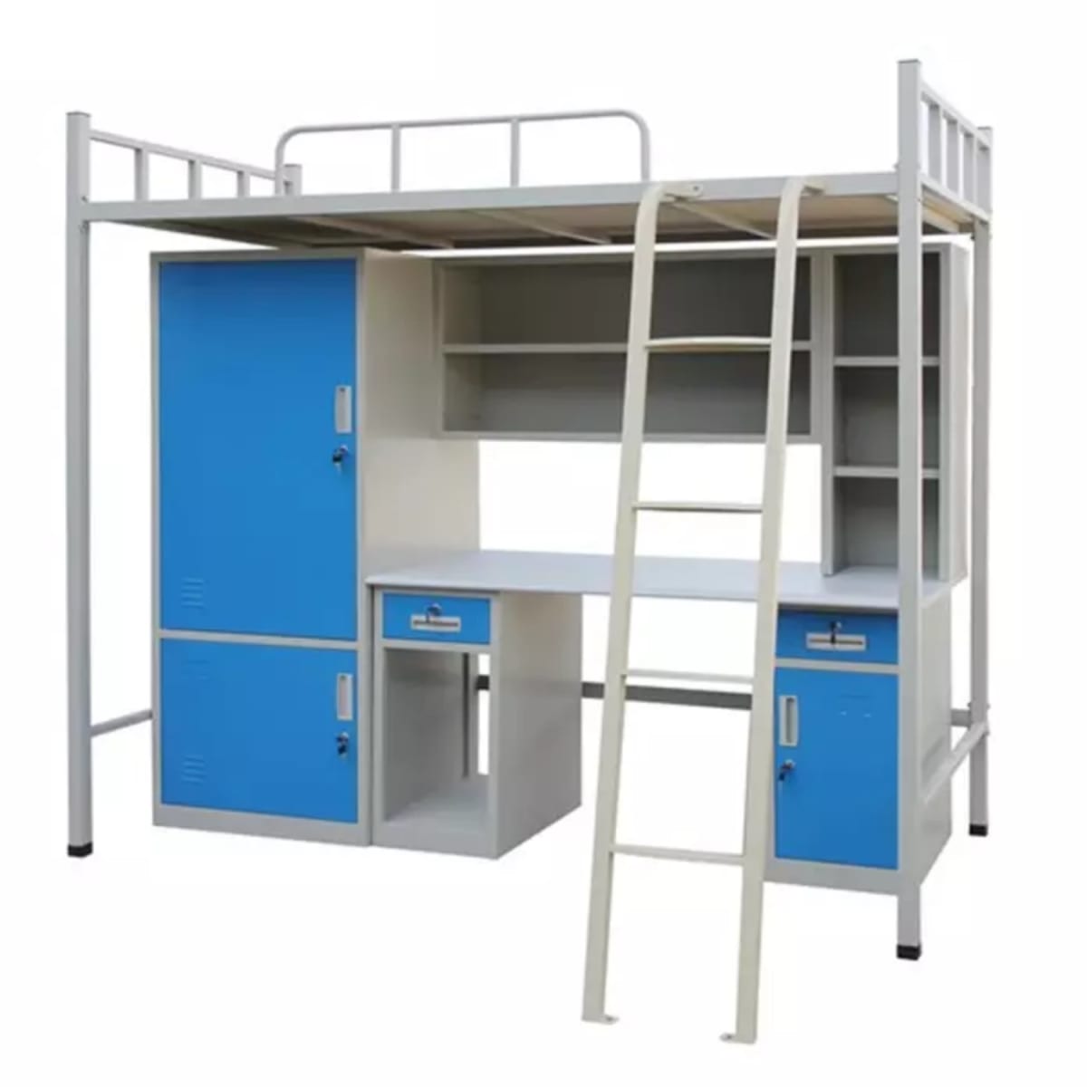 Cama Alta una Plaza 90x200 cm. con Escritorio y Muebles Acero1