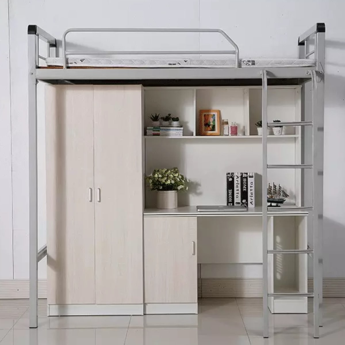 Cama Alta una Plaza 90x200 cm. con Escritorio y Closet Acero Blanco3