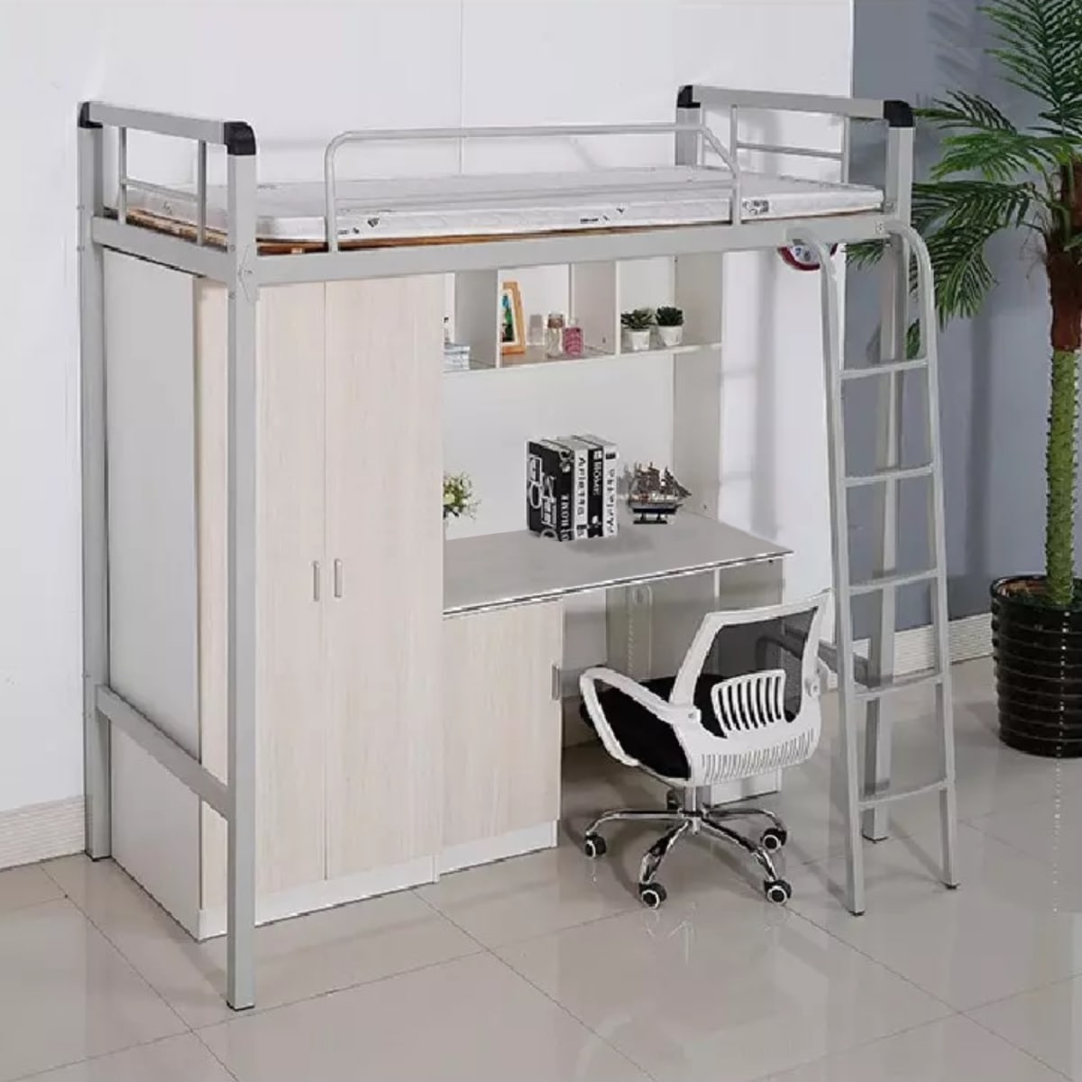 Cama Alta una Plaza 90x200 cm. con Escritorio y Closet Acero Blanco4