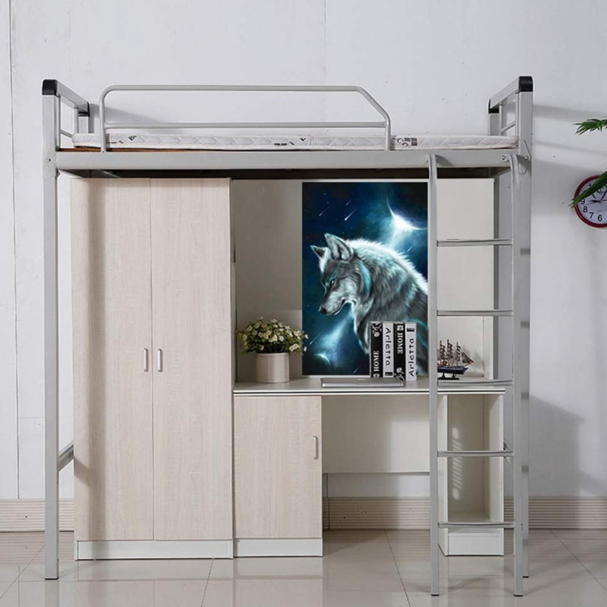 Cama Alta una Plaza 90x200 cm. con Escritorio y Closet Acero Blanco2
