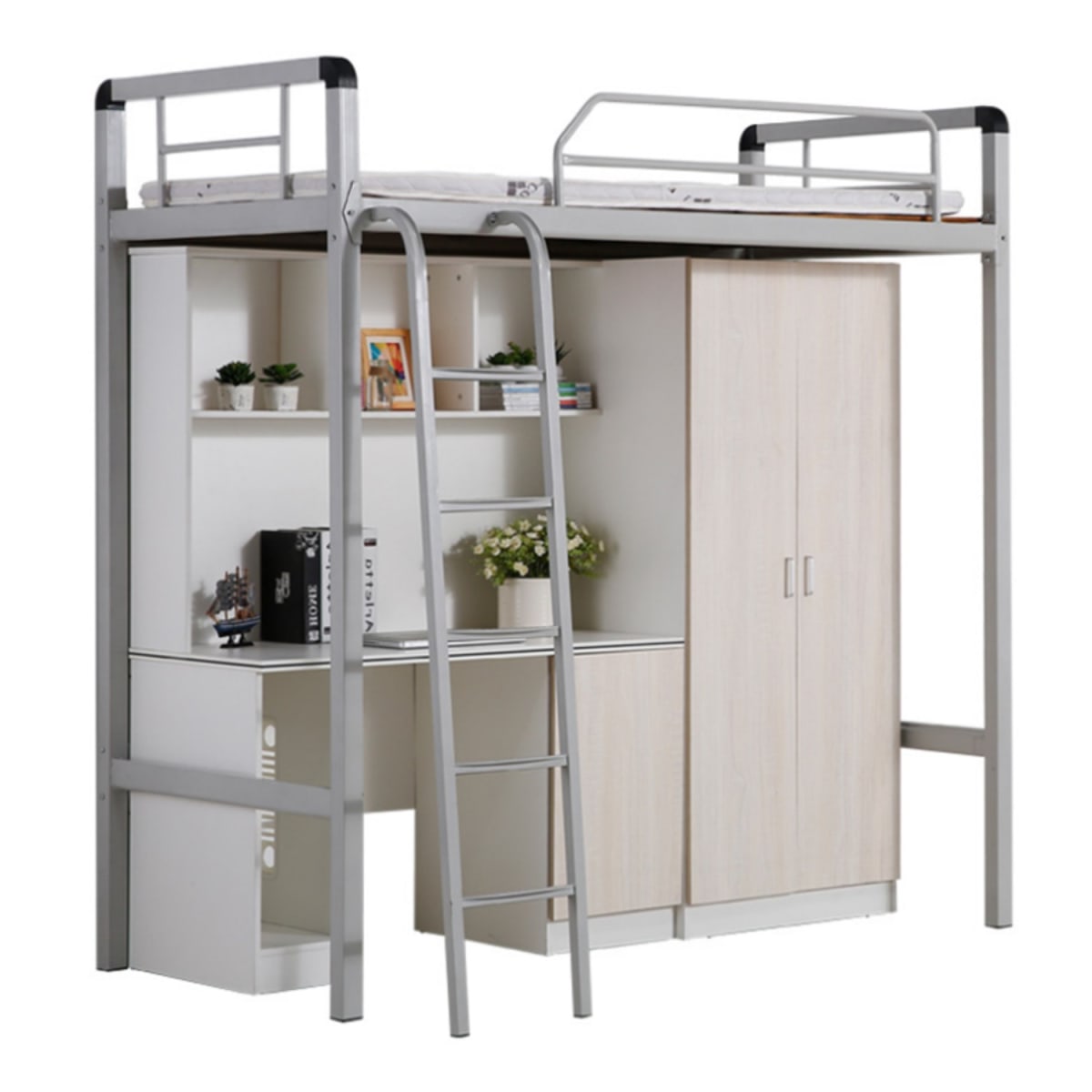 Cama Alta una Plaza 90x200 cm. con Escritorio y Closet Acero Blanco1