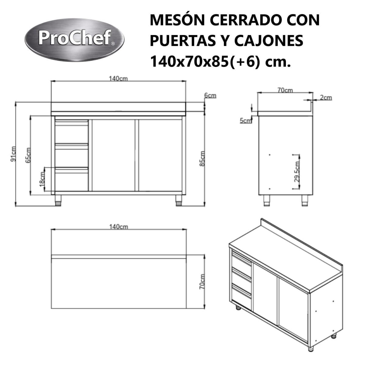 Mesón Mural Cerrado Acero Inoxidable 140x70x85(+6) cm. Cajones7
