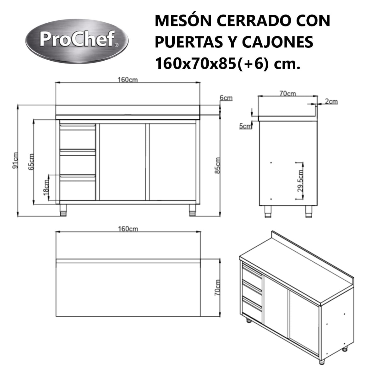 Mesón Cerrado Acero Inoxidable 160 cm con Cajones5