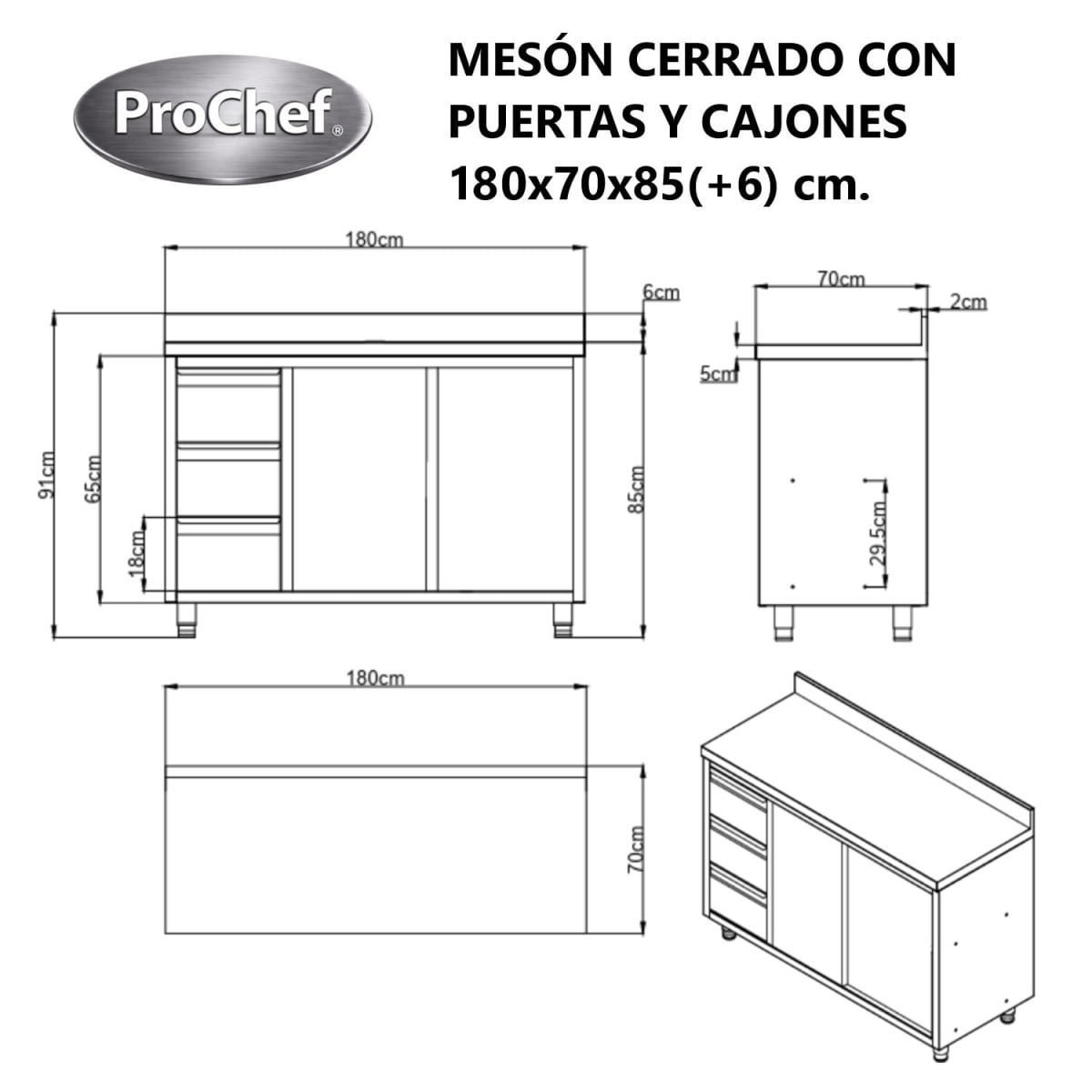 Mesón Mural Cerrado Acero Inoxidable 180x70x85(+6) cm. Cajones6