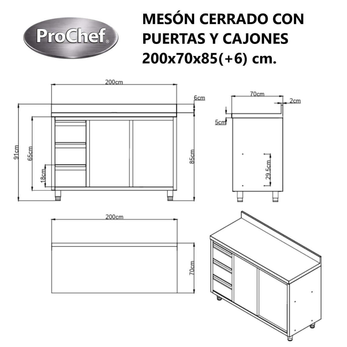 Mesón Cerrado Acero Inoxidable 200 cm con Cajones4