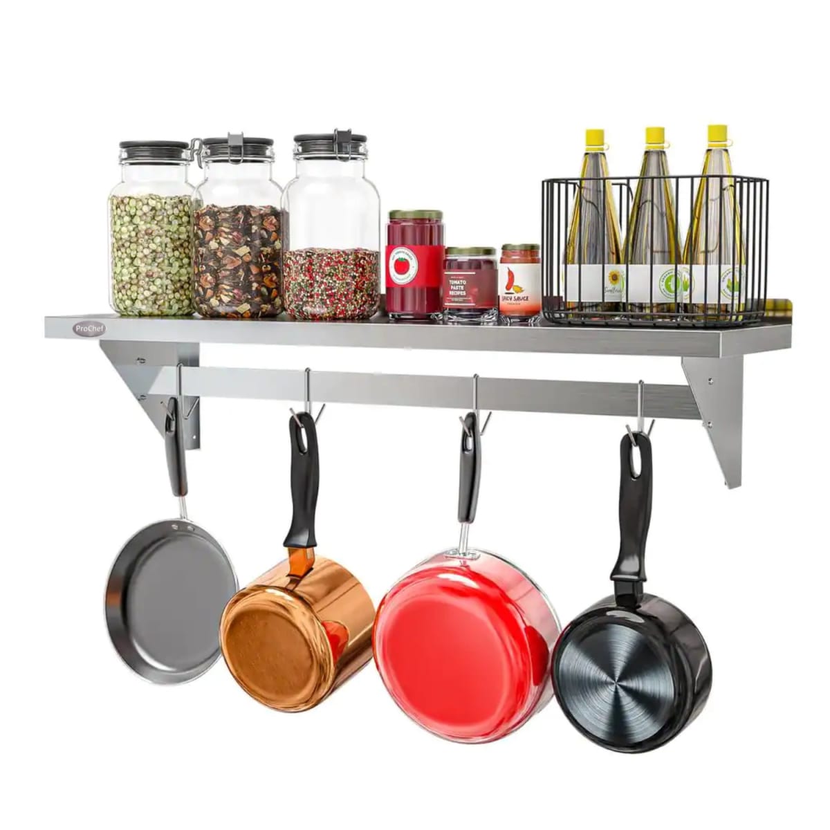 Repisa Mural 120x30 cm Acero Inoxidable con Colgadores de Ollas1