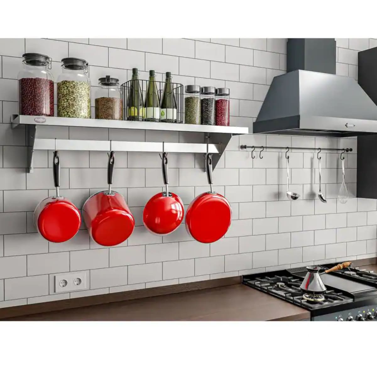 Repisa Mural 120x30 cm Acero Inoxidable con Colgadores de Ollas5