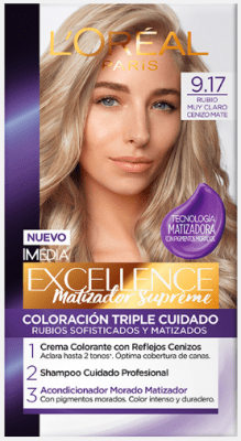 TINTURA LOREAL EXCELLENCE 9.17 RUBIO MUY CLARO CENIZO MATE 45GR1