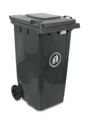 BASURERO PLASTICO CON TAPA Y RUEDA 240 LTS1