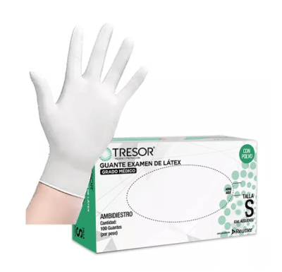 CAJA GUANTE EXAMEN DE LATEX CON POLVO TALLA S 100 UNIDADES TRESOR1