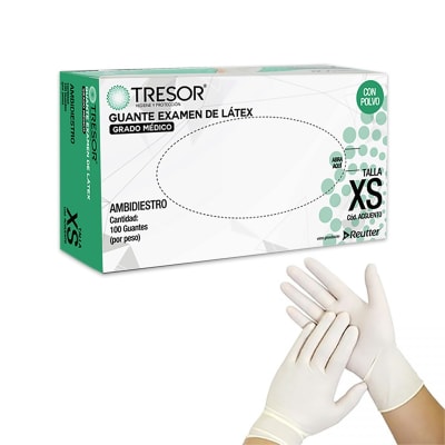 CAJA GUANTE EXAMEN DE LATEX CON POLVO TALLA XS 100 UNIDADES TRESOR1