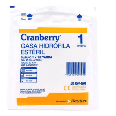GASA HIDRÓFILA ESTÉRIL 1X1/2 YARDA (90X45CM APROX) PACK 12 UNIDADES CRANBERRY1