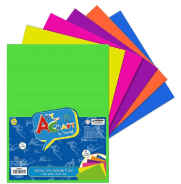SET GOMA EVA FLUOR ART AND CRAFT 6 COLORES 2MM 23X30CM