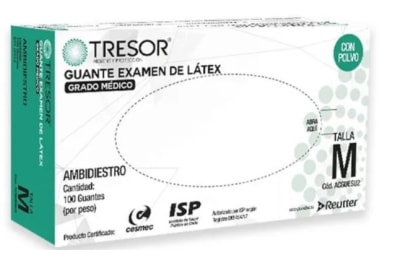 CAJA GUANTE EXAMEN DE LATEX CON POLVO TALLA M 100 UNIDADES TRESOR1