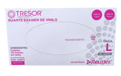 CAJA GUANTE EXAMEN DE VINILO TRANSPARENTE TALLA L 100 UNIDADES TRESOR