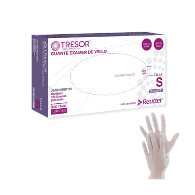 CAJA GUANTE EXAMEN DE VINILO TRANSPARENTE TALLA S 100 UNIDADES TRESOR1