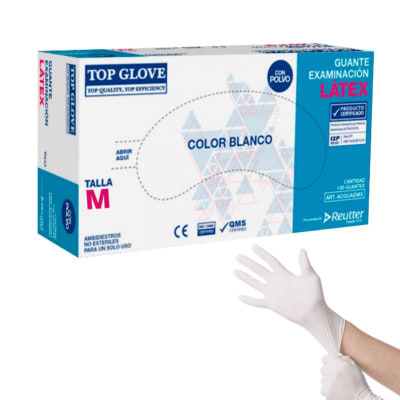CAJA GUANTE EXAMINACIÓN LÁTEX CON POLVO TALLA M 100 UNIDADES TOP GLOVE