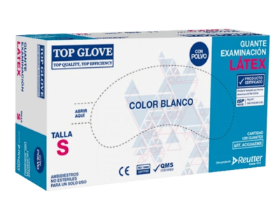 CAJA GUANTE EXAMINACIÓN LÁTEX CON POLVO TALLA S 100 UNIDADES TOP GLOVE1