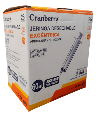 JERINGA DESECHABLE EXCÉNTRICA APIRÓGENA 60ML LUER SLIP S/AGUJA 25 UNIDADES CRANBERRY