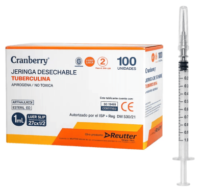JERINGA DESECHABLE TUBERCULINA APIRÓGENA CRANBERRY 1ML LUER SLIP C/AGUJA 27GX1/2 100 UNIDADES