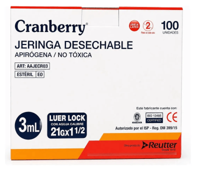 JERINGA DESECHABLE APIRÓGENA GRAMBERRY 3ML LUER LOCK CON AGUJA 21X 1 1/2  100 UNIDADES