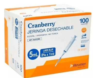JERINGA DESECHABLE APIRÓGENA CRANBERRY 5ML LUER SLIP CON AGUJA 21X 1 1/2  100 UNIDADES