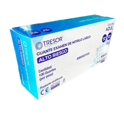 GUANTES NITRILO LARGO ALTO RIESGO TRESOR COLOR AZUL LIBRE LATEX LIBRE DE POLVO TALLA XL 100 UNIDADES