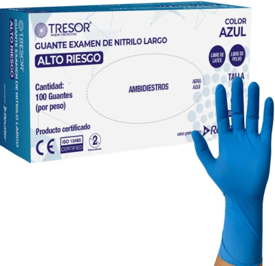 GUANTES NITRILO LARGO ALTO RIESGO TRESOR COLOR AZUL LIBRE LATEX LIBRE DE POLVO TALLA M 100 UNIDADES