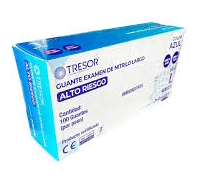 GUANTES NITRILO LARGO ALTO RIESGO TRESOR COLOR AZUL LIBRE LATEX LIBRE DE POLVO TALLA L 100 UNIDADES
