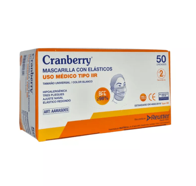MASCARILLA CON ELÁSTICO COLOR BLANCO TAMAÑO UNIVERSAL CRANBERRY 50 UNIDADES